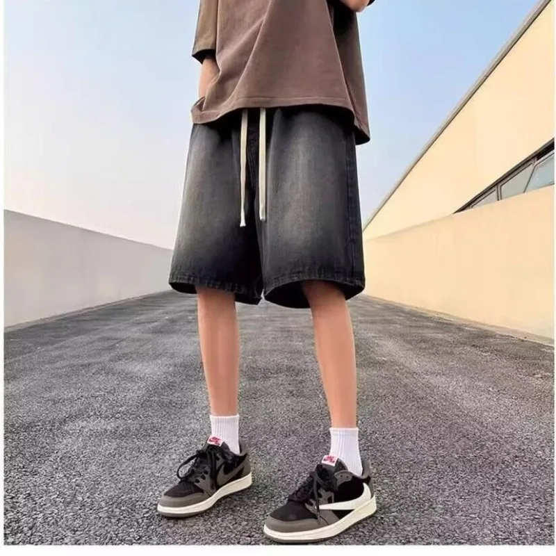 Mens Elastic Waist Drawstring Loose Fit Denim Shorts