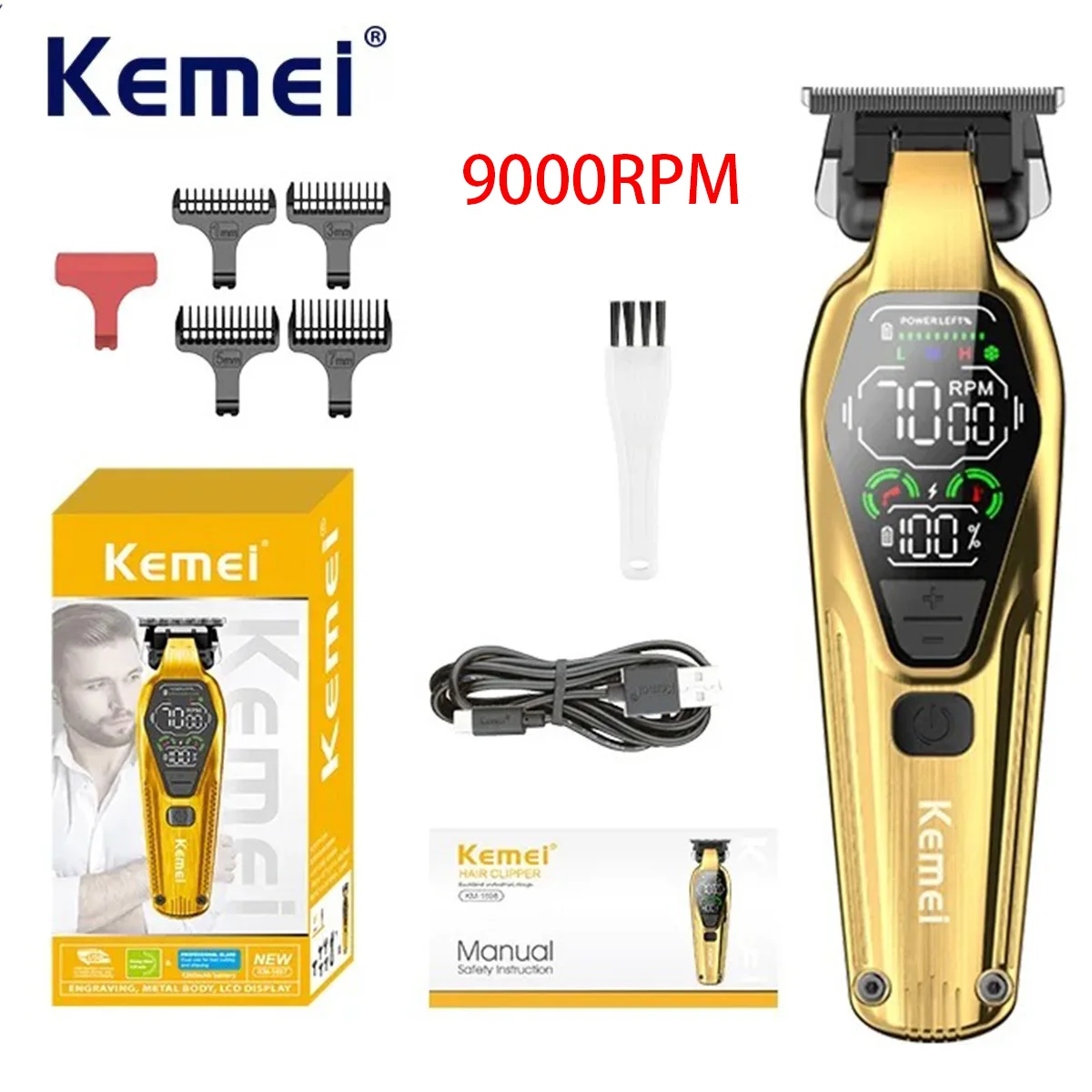 Kemei Mens Hair Clippers Professional Hair Trimmer Zero Gapped Finish Hair Cutting Machine Grooming Kit Rechargeable LED Display