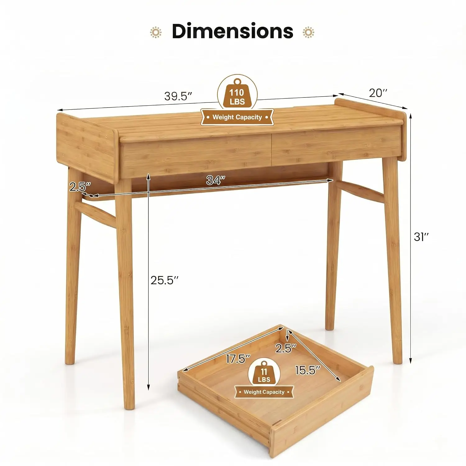Bamboo Writing Desk with 2 Drawers & Shelf, 39.5-Inch Office Computer Desk with Side Baffles & Cable Management, Customized
