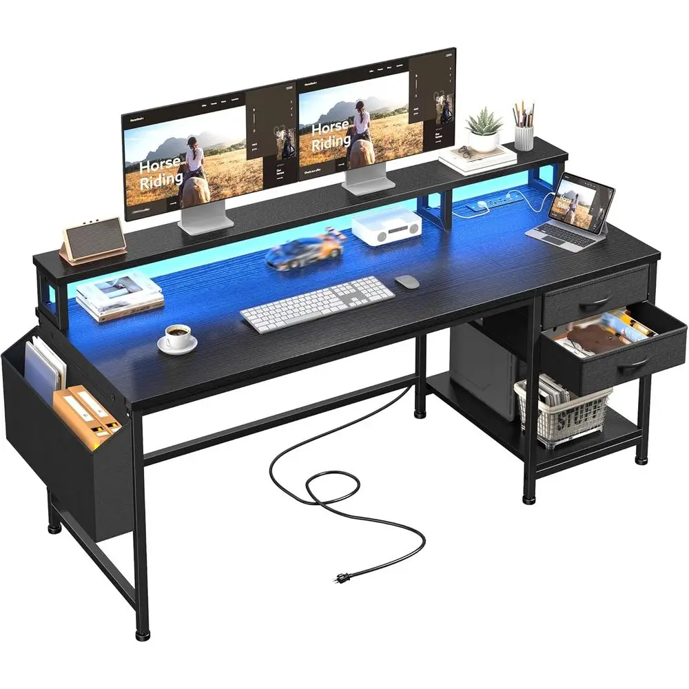 

55-Inch Large Computer Desk with Drawers, Storage, Power Outlets, LED Lights, Ideal for Gaming, Office, and Study Rooms, Black