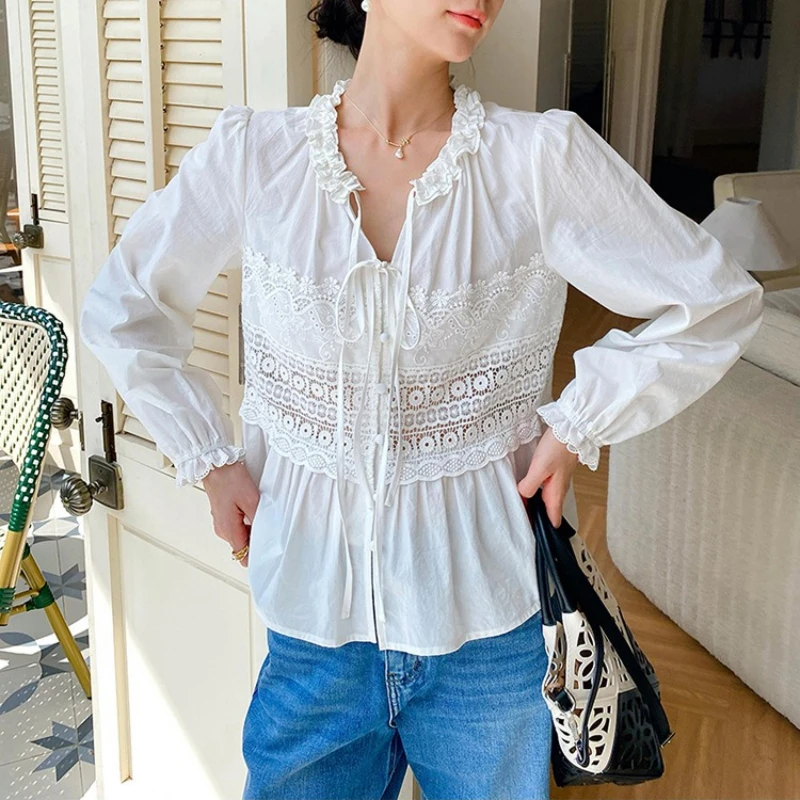 

French Lace Hollow Out Sexy Blouse Shirt Women White 100% Cotton Spring Autumn V-neck Long Lantern Sleeve Casual Ladies Tops New