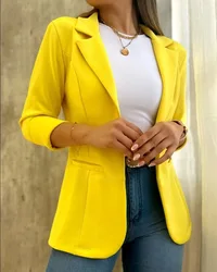 Office Elegant Pure Color Long Sleeve Coat Women Spring Autumn Casual Pocket Suit Jacket 2023 Pink Open Stitch Coats