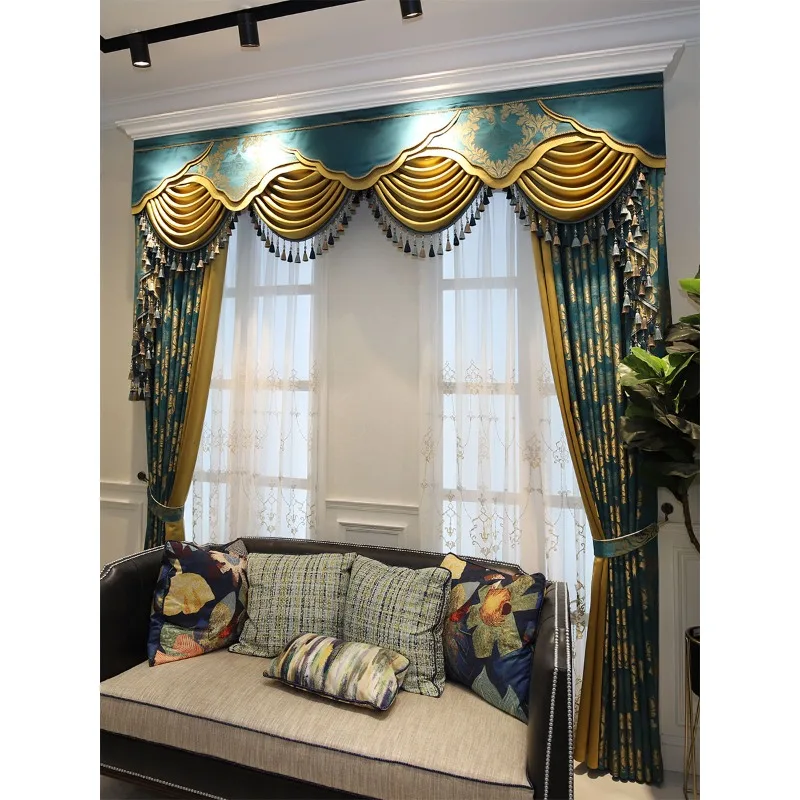 Villa European luxury atmosphere high-end living room American dark green jacquard blackout custom curtains Mantle embroidery ya