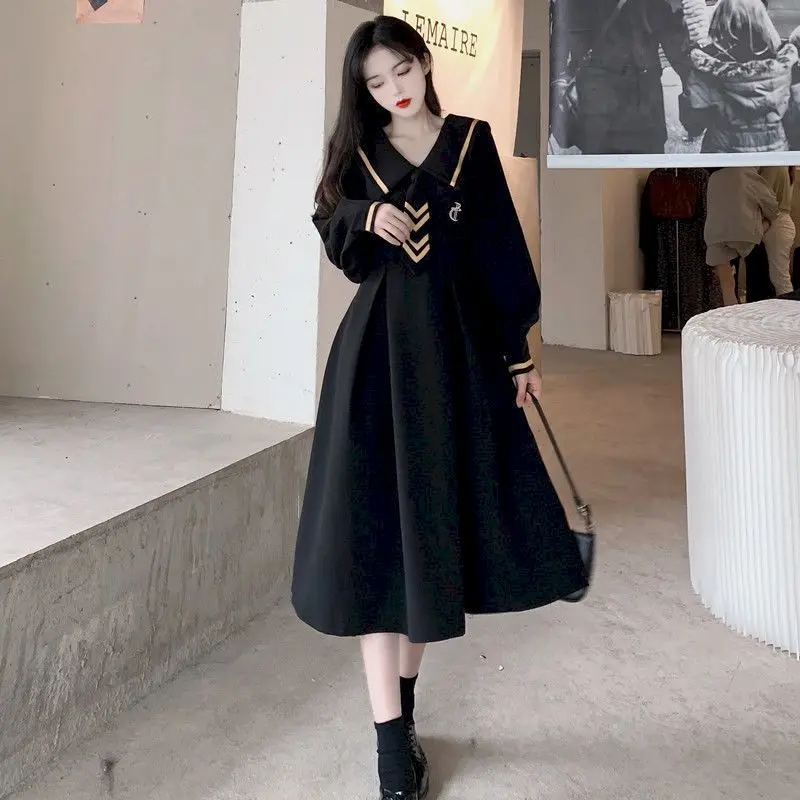 

Fonekie Oversized Autumn Dresses Women Retro Navy Collar Long Sleeve Dress College Wind Covering Meat Thin Fairy Skirt 2021 New