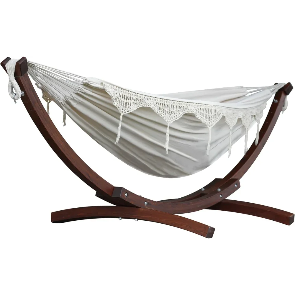 

Double Cotton Hammock with Solid Pine Arc Stand - 450 lb Capacity, Durable FSC Wood Frame, Includes Hardware