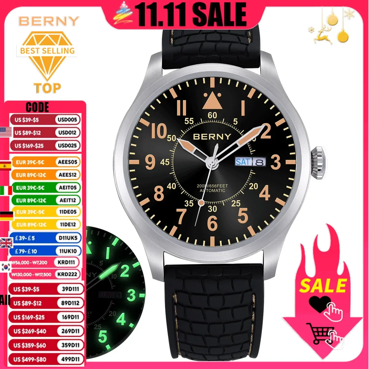 BERNY 20Bar Diver Men Automatic Watch Mechanical Watch NH36 Pilot Military Sapphire Luminous Over Size Waterproof 20ATM Watches