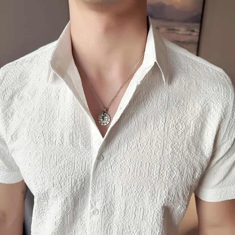 Summer Short Sleeve Letter Printed Shirts For Men British Style Men's Summer Clothing Slim Fit Casual Plain Shirt Plus Size 4XL