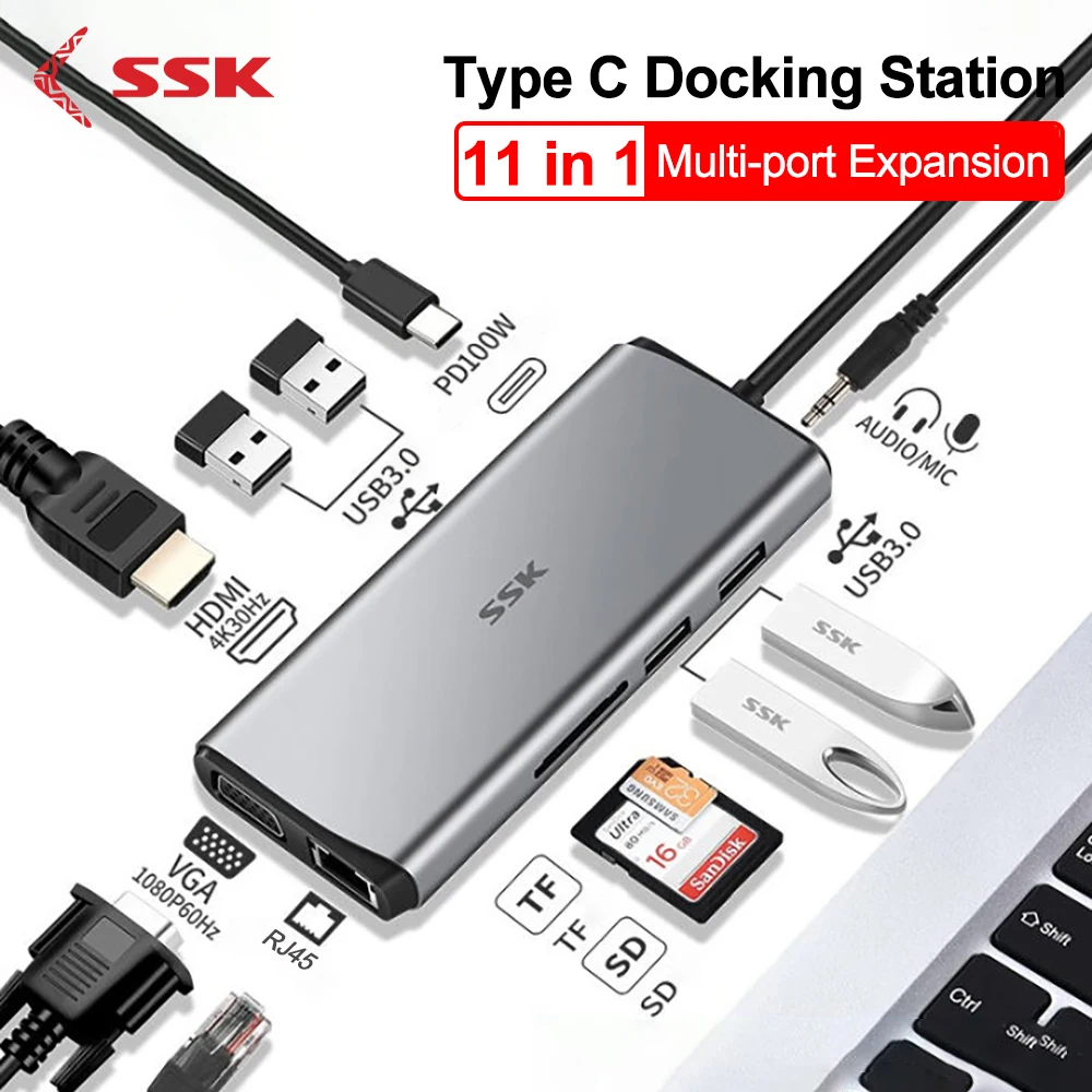 SSK USB C 11-in-1 Docking Station  Type C to HDMI 4K60Hz SD&TF Reader For Macbook Pro/Air iPad Peripherals RJ45 Dock USB A C HUB