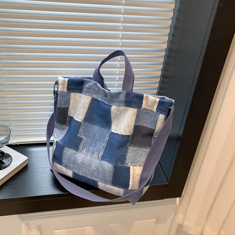 الدنيم حقيبة سعة كبيرة الرجعية المرقعة اللون حجب حقيبة يد المرأة المألوف حمل الحقائب التسوق حقائب اليد الفاخرة #3