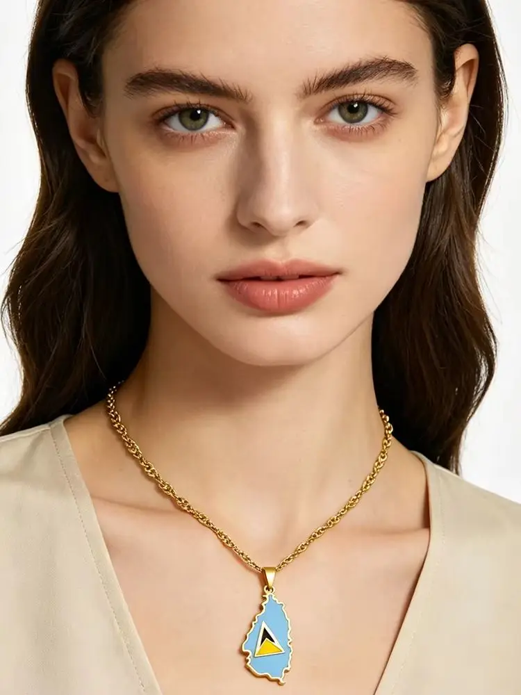 Mode Saint Lucia Insel Karte Flagge Anhänger Halskette Edelstahl für Männer Frauen st. Lucia Schmuck Geschenk – Detail 8