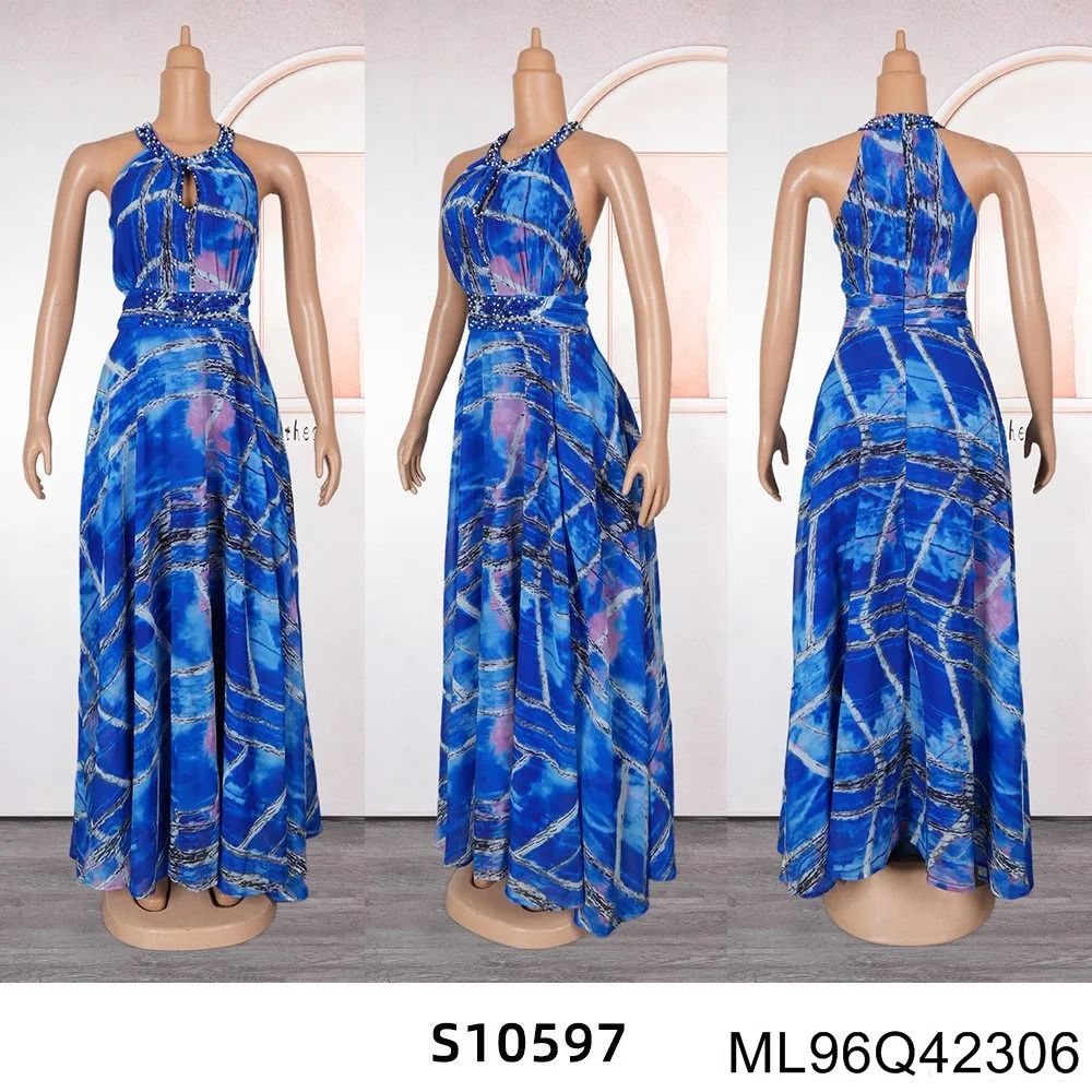 2025 New Plus-size Women's Off-the-shoulder African Dress for Spring and Summer, Printed Beaded Long Dress ML96Q423