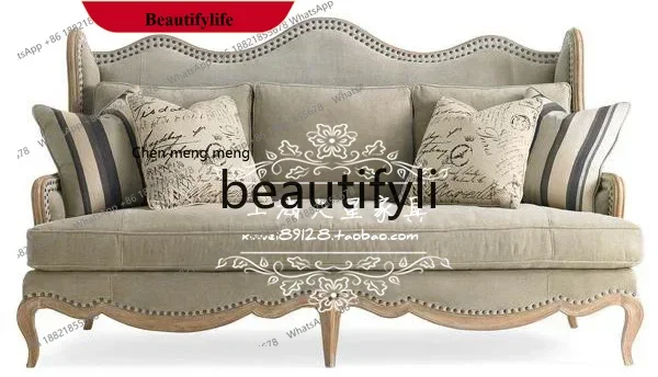 D178  American country solid wood fabric sofa double triple French sofa retro