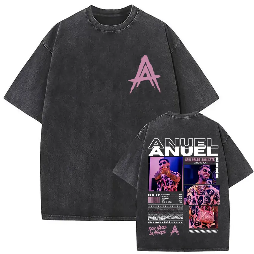 مغني الراب ANUEL AA خمر غسلها تي شيرت حقيقي هاستالا Muerte ألبوم تي شيرتات قصيرة الاكمام الرجال الهيب هوب المتضخم بلايز الشارع الشهير