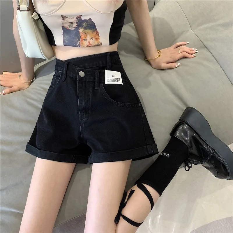 

Black Denim Short Pants Women plus Size Spring Design High Waist Slimming Loose Wide Leg Hot Pants Cleanfit High Waist Jeans