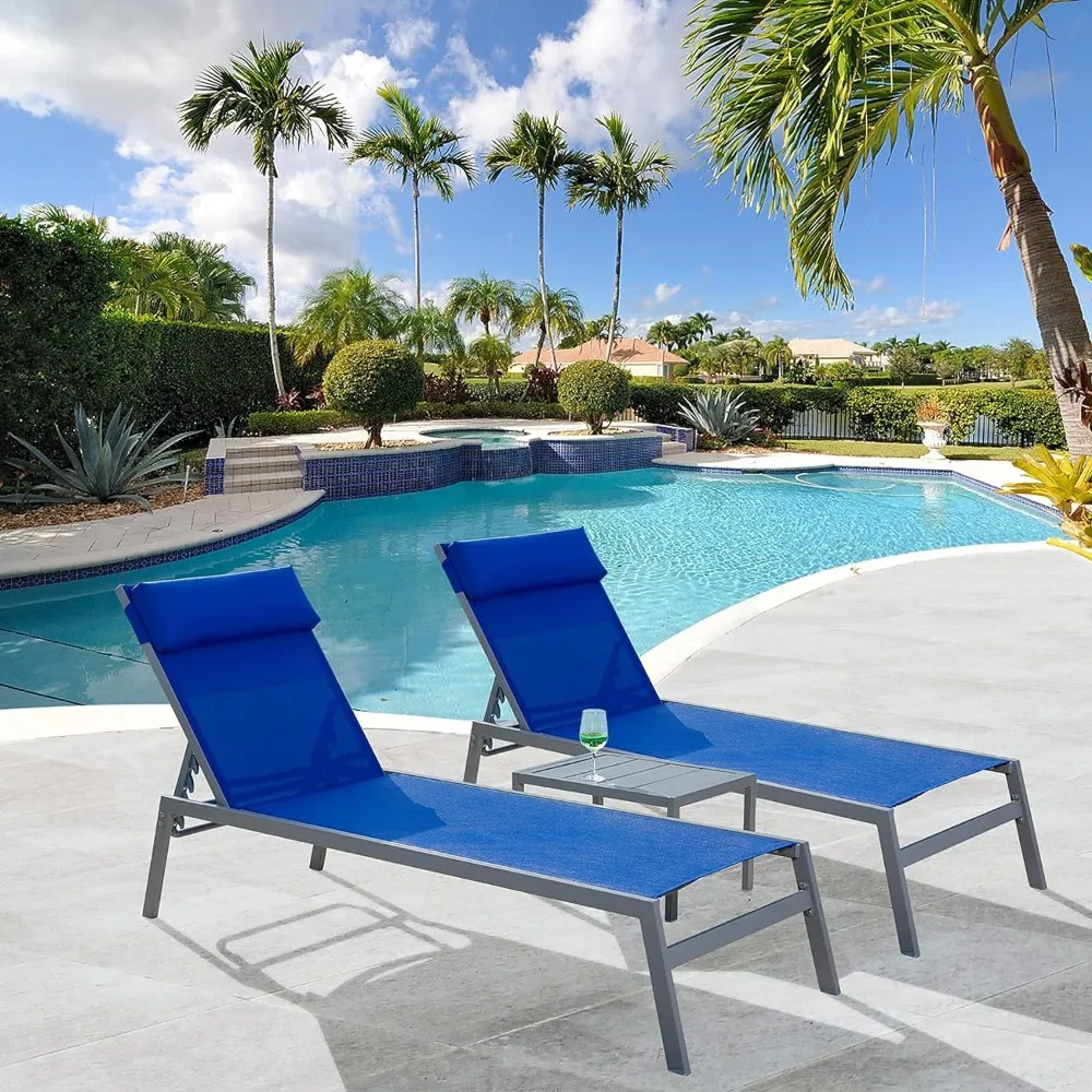 

Outdoor Chaise, Classic Pool Lounge Chairs with 5 Adjustable Posation, Headrest and Table, Outdoors Garden Lounger