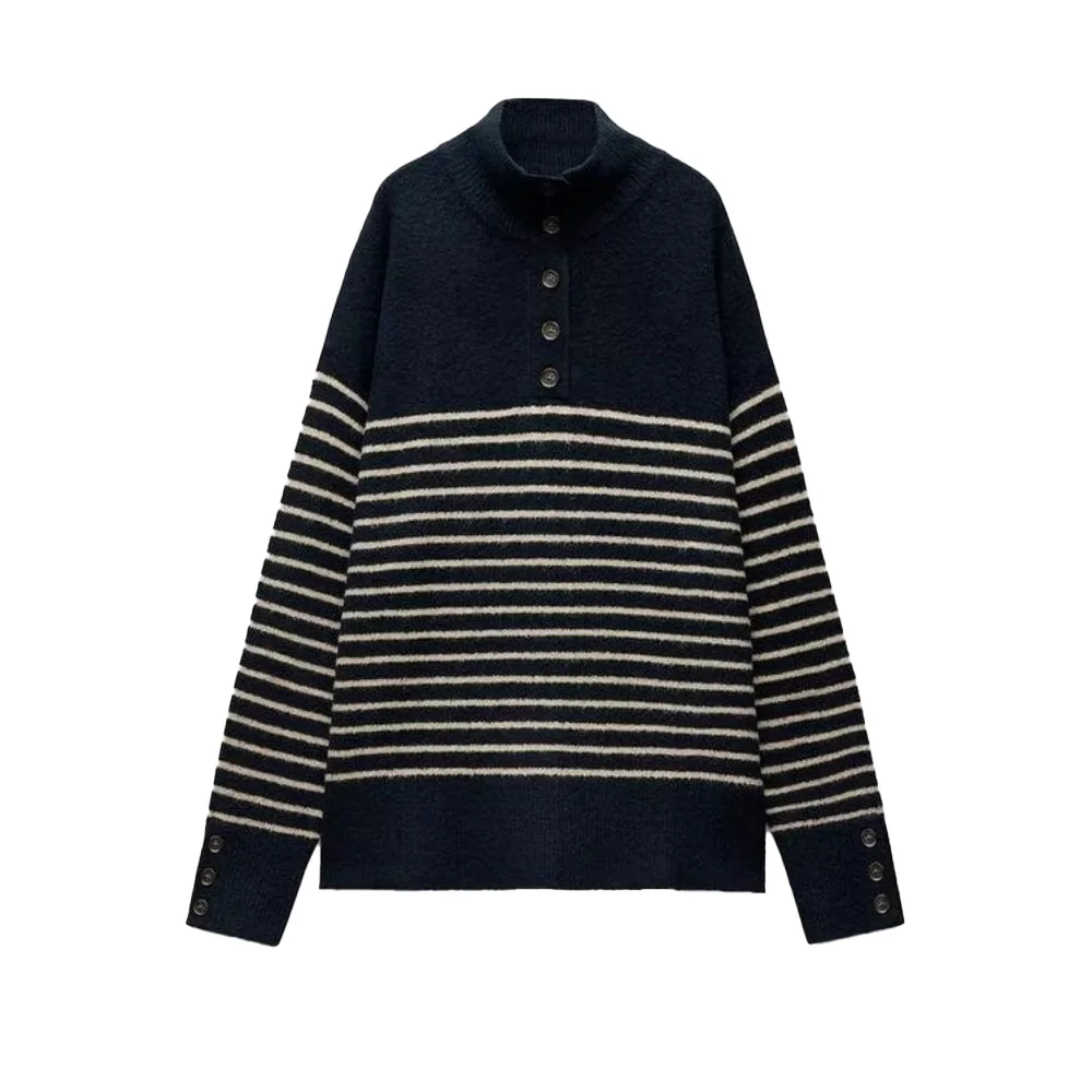 Women's striped knitted sweater button up top stand collar long sleeved autumn and winter new style pullover knitted sweater