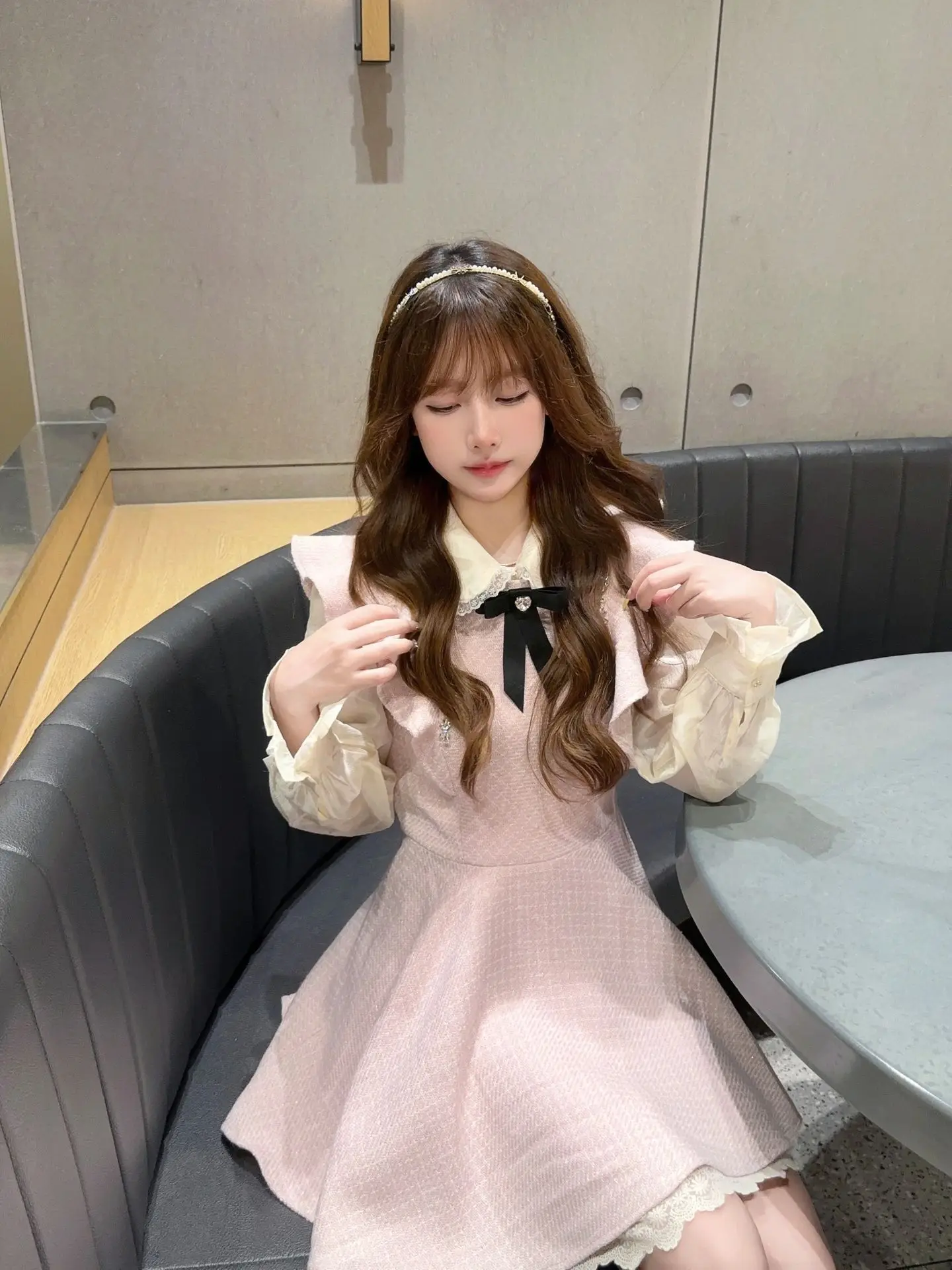 

Japanese Sweet Mini Dress Women Lace Doll Collar Shirt + Fairy Bow Pink Dress Set Elegant Fashion Birthday Party Dress Sets Fall