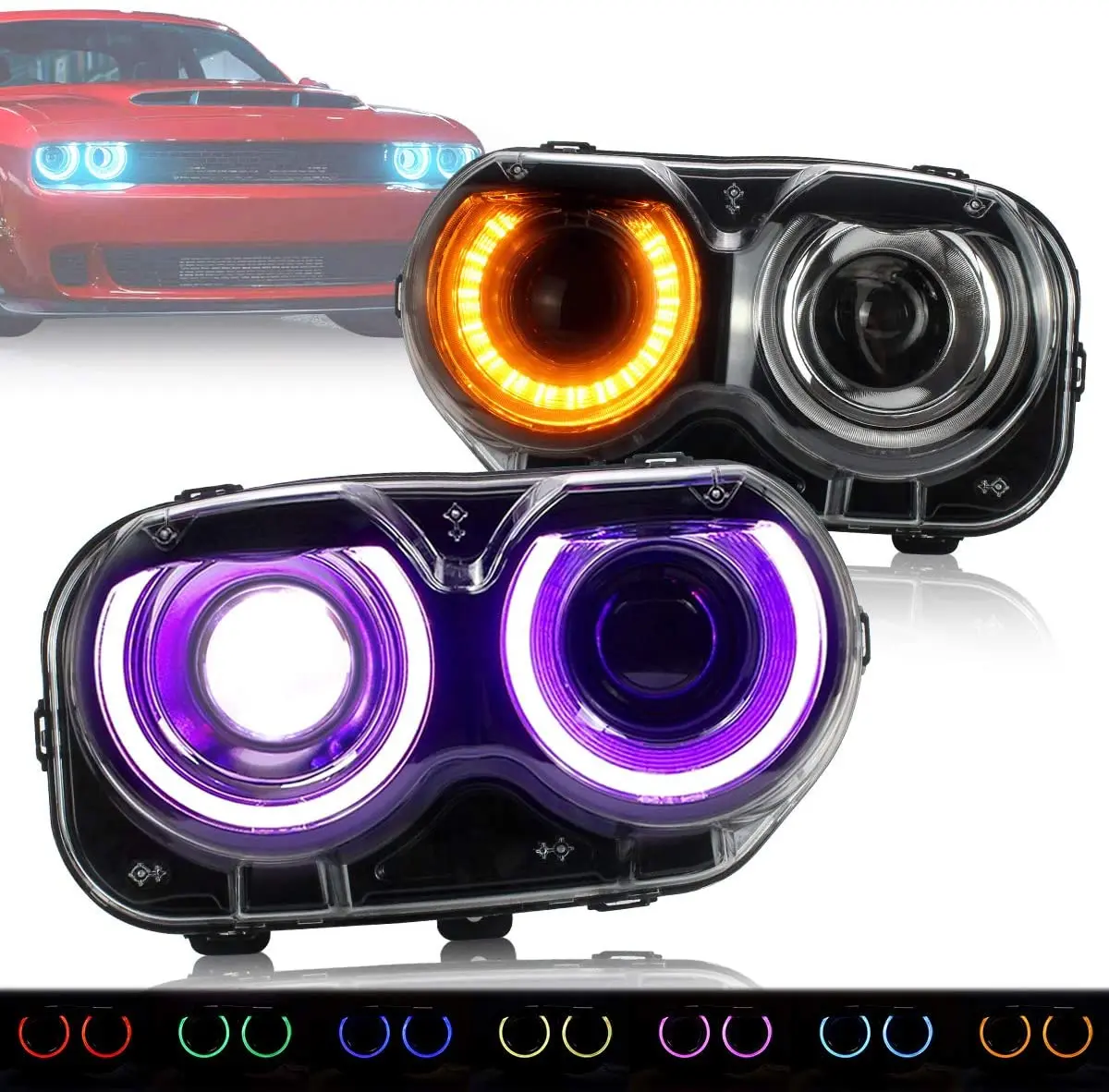 

LED RGB Headlights Assembly Compatible for [Dodge Challenger SRT Hellcat Coupe 2015 2016 2017 2018 2019 2020 with Dual Beam