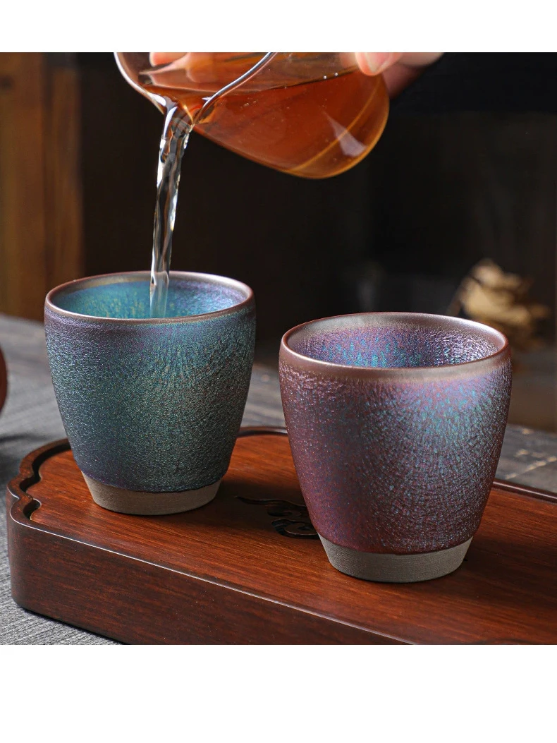 JZ355 Pck/2 Chinese Tenmokus Tea Coffee Cups 140ml Kiln Change Natural Colorful Pattern,Porcelain Coffee Wine Mugs Mate Cups