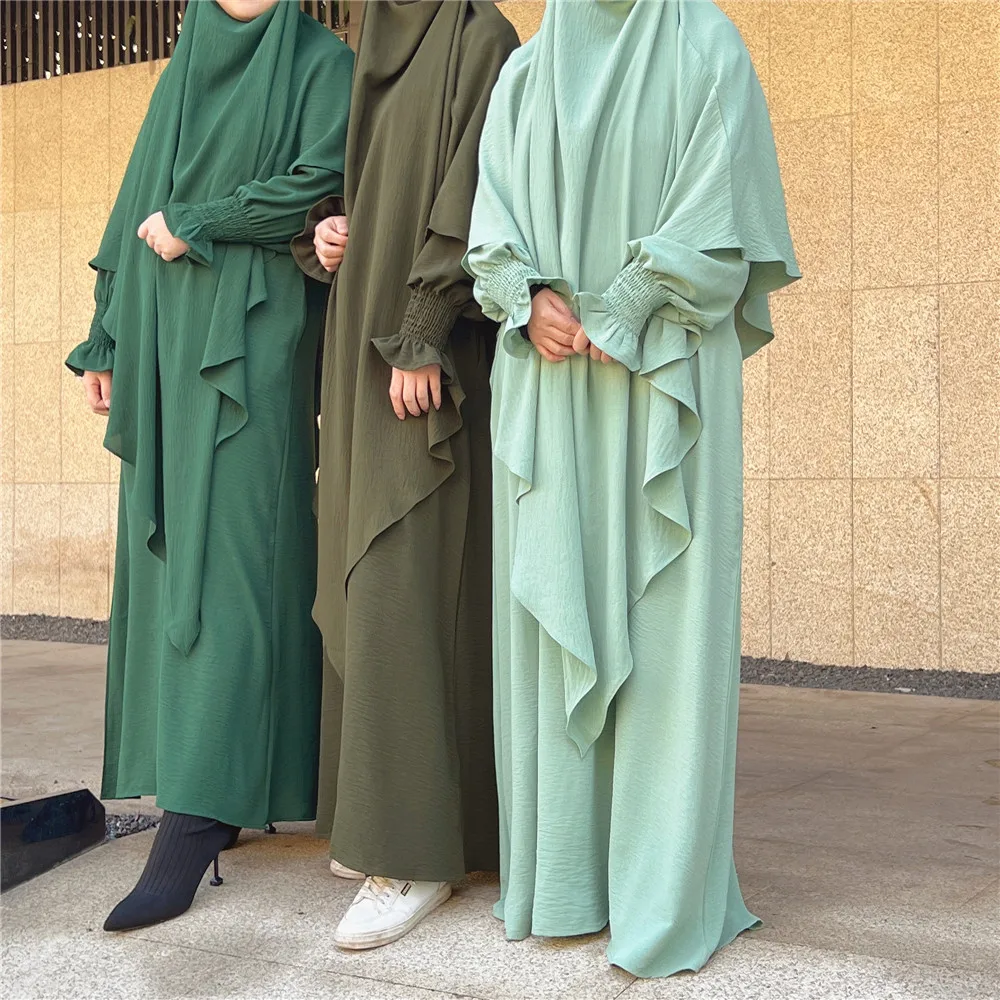 2pcs Sets Modest Women Eid Hooded Muslim Hijab Dress Prayer Garment Gowns Abaya Long Khimar Full Cover Ramadan Islamic Clothing