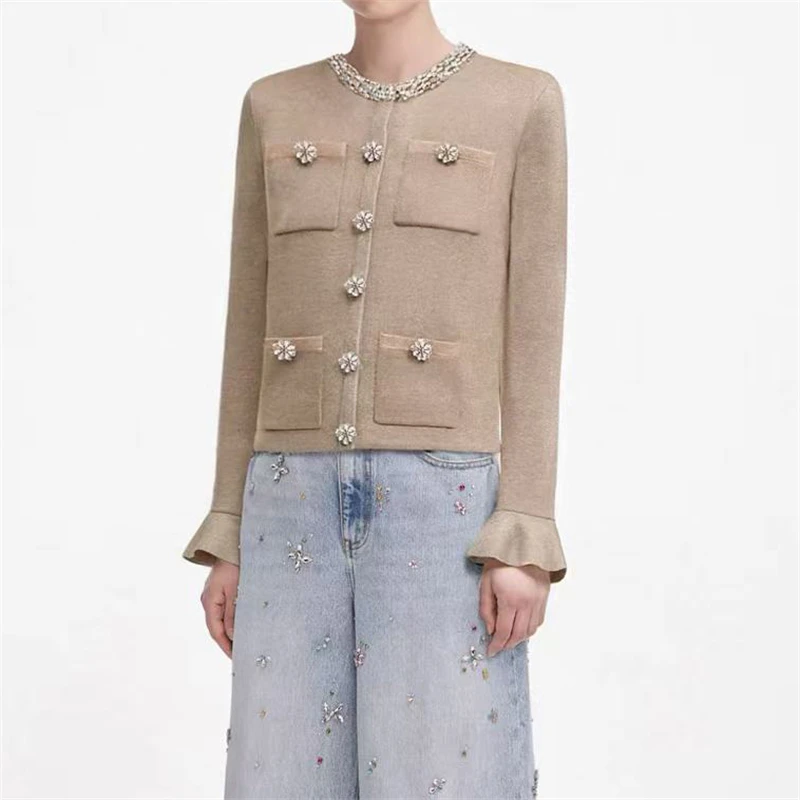 

2026 Spring New Women's Heavy-Duty Rhinestone-Studded Round Neck Knit Cardigan, High-Quality Fashionable Straight-Cut Jacket