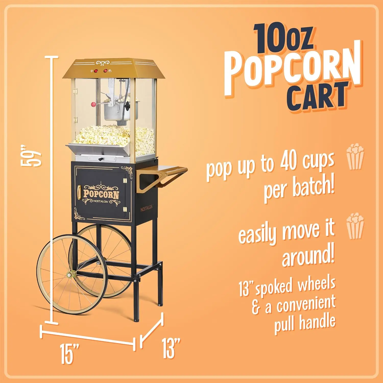 Popcorn Maker Machine - Professional Cart With 10 Oz Kettle Makes Up to 40 Cups - Vintage Theater Style - Black