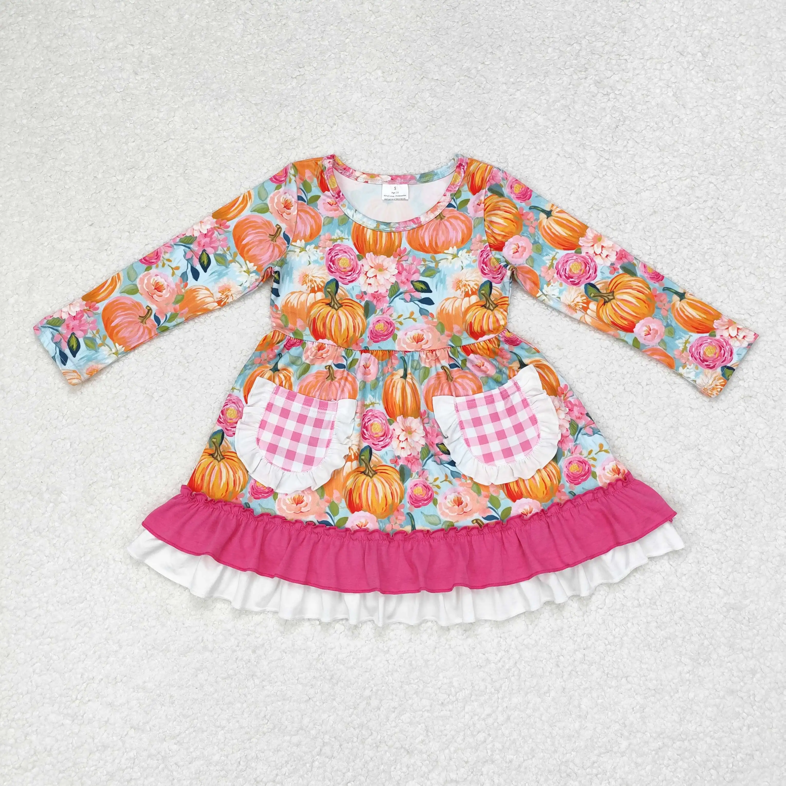 Wholesale Infant Toddler Embroidery Pumpkin Ruffle Dress Kids Children Fall Long Sleeves Baby Girl Thanksgiving Clothing