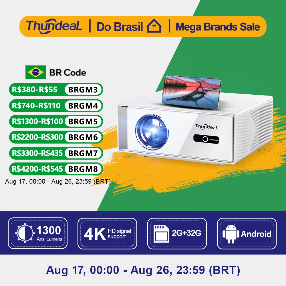 Projetor ThundeaL TD95W 4K Full HD 1080P Android WIFI LED Portátil para Jogos ao Ar Livre e Cinema em Casa