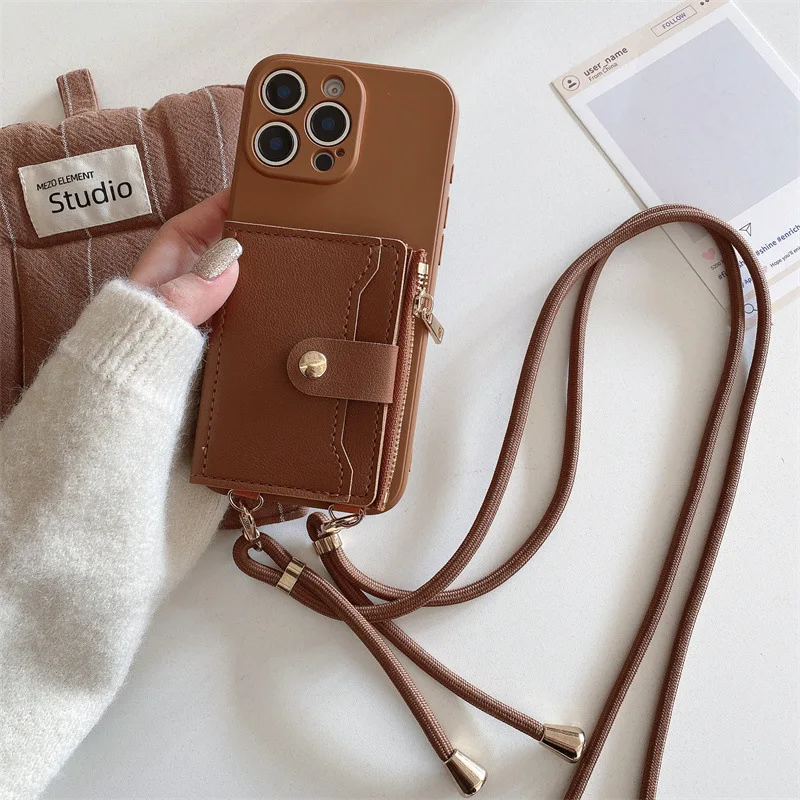 Image of Brieftaschen-Handyhülle mit Kartenfächern und Umhängeband aus PU-Leder und Silikon für iPhone 17 Pro Max 16 15 14 13 12 11 Pro XS Max