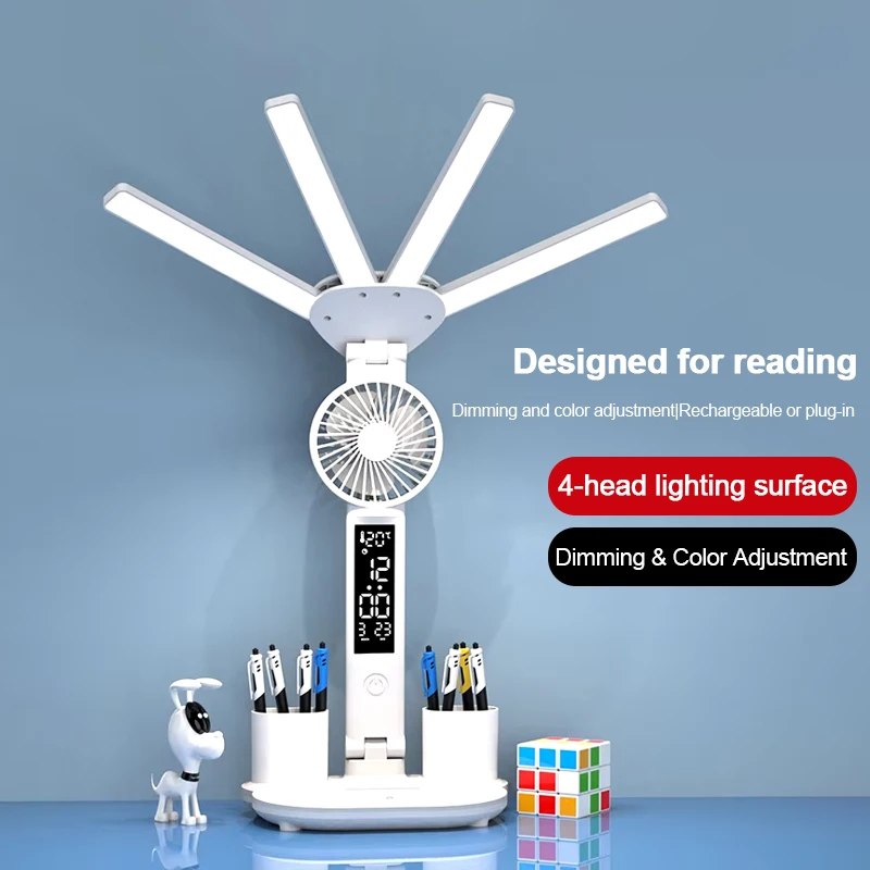 LED Rechargeable Table Lamp for Study, Desk Lamp Reading Light Led Table Light with Fan, Led Clock Dispaly Reading Lamp