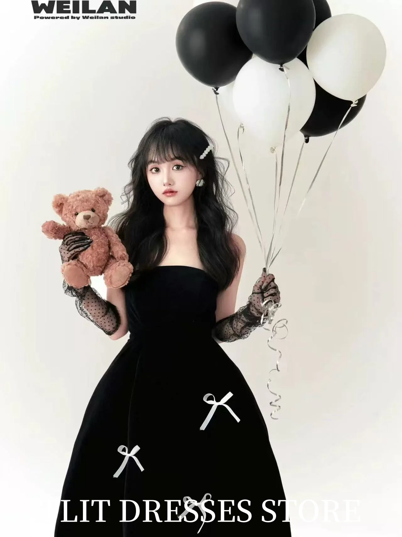 

TLIT Lovely Black Satin Evening Dresses Strapless Bow Sleeveless Prom Gowns Korea Wedding Dresses Photo Shoot Customized