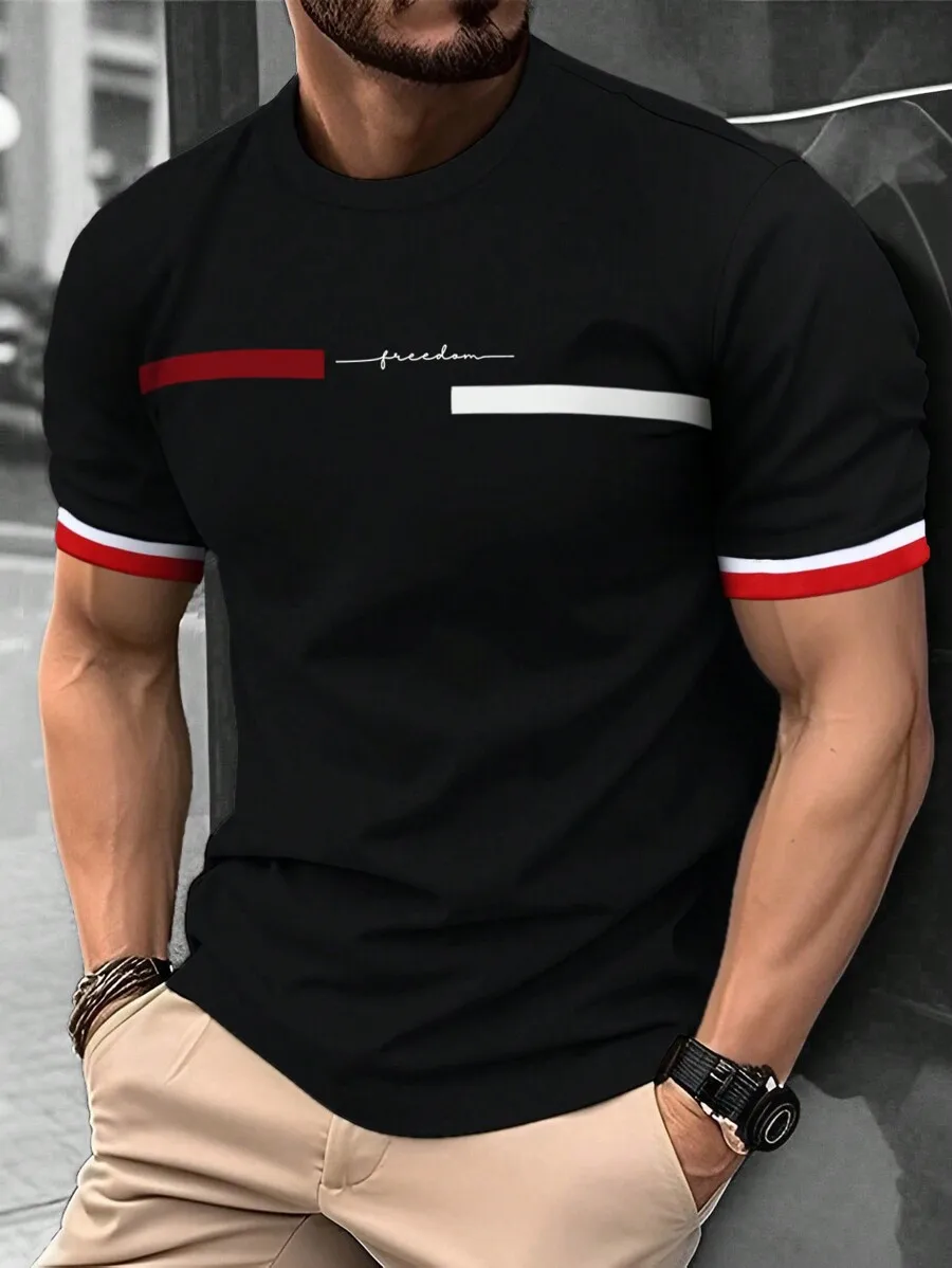

Men's Black Short Sleeve T-Shirt with Red White Stripe Detail and Script Text