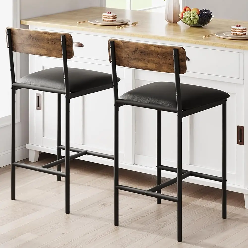 Bar Stools Set Of 2, Upholstered Height Bar Stools With Backrest And Footrest, Kitchen Barstools For Island,Counter Bar, Easy