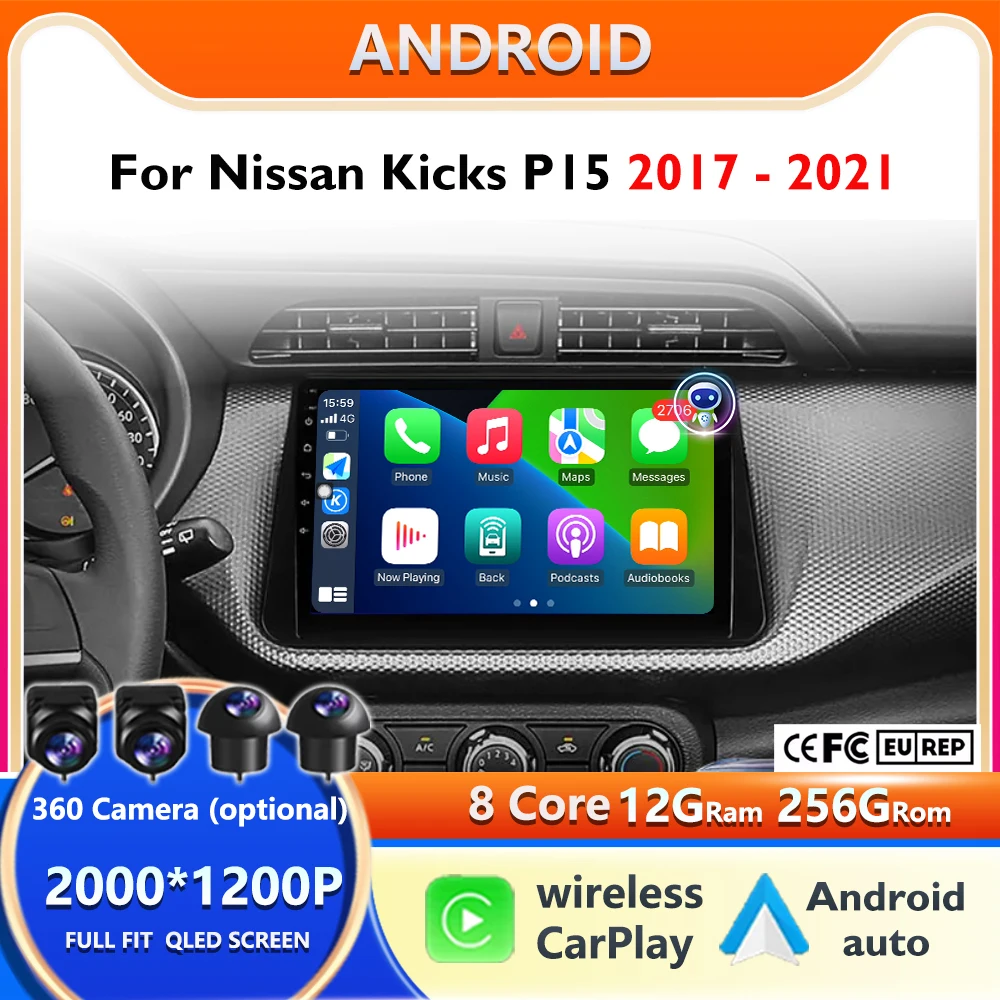 

2K QLED HD 9inch screen Android 16 Car Radio Stereo Multimedia Player GPS Navigation For Nissan Kicks P15 2017 - 2021 4G+wifi