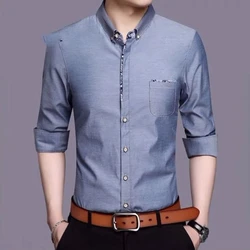 Business Casual Men Shirts New Autumn Thin Lapel Solid Pocket Single Breasted Trend Fashion Office Social Loog Sleeve Slim Tops