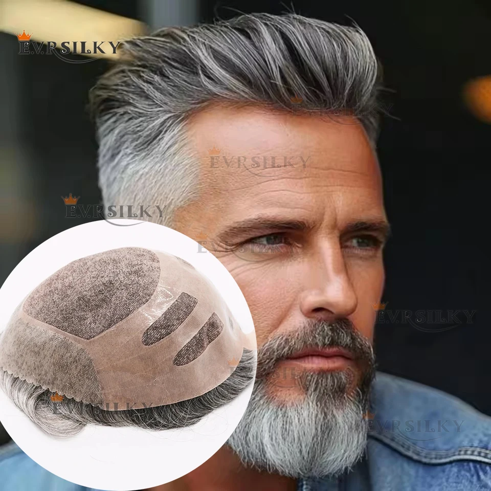 

Серый 1B65 # 340 волос NPU Bond, мужской парик, натуральная линия волос, прочный парик, тонкий моно и искусственный протез, 100% система замены человеческих волос