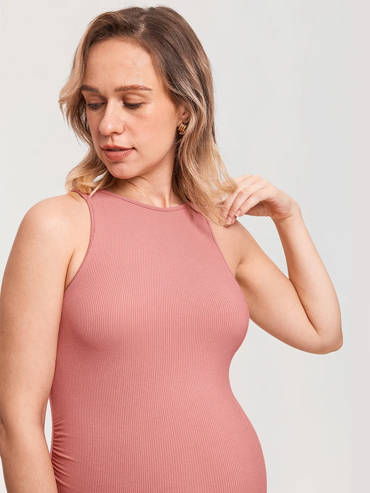 Momanda-vestido de maternidad acanalado con cuello Halter, vestidos ajustados con tirantes finos, ropa de maternidad con cuello cuadrado para Baby