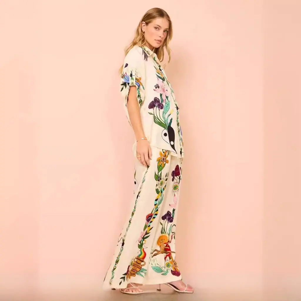 

New European And American Satin Printed Temperament Short-Sleeved Shirt And Pants Two-Piece Set Women's Fashion Outfit