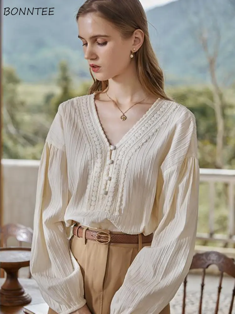 Blouses Women V-neck Temperament Stylish Solid Simple Femme Popular Korean Student Elegant Basic All-match High Street Holiday