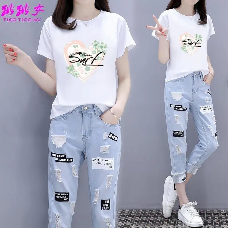 

Faionable Korean Sle ort Sve T-irt And Nine-Piece Jeans Hole Punching Two-Piece Set for Women Students Summer 2023