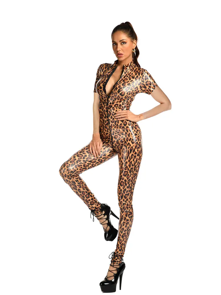 Sexiest Leopard Jumpsuits For Women Clothing Faux Leather Club Outfits Party Club Night Short Sleeve Bodysuit With Front Zipper