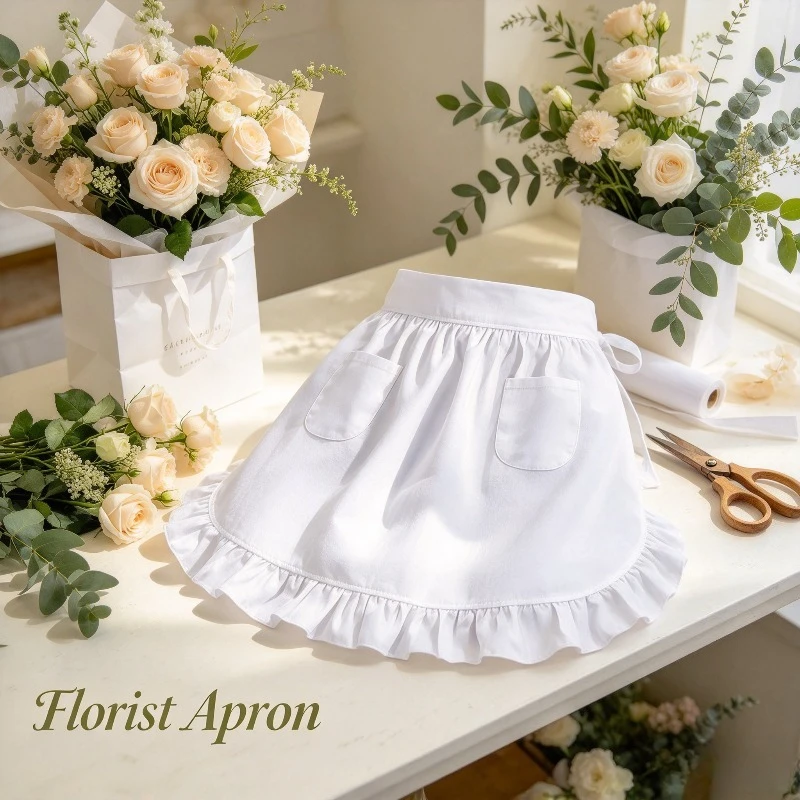 Half Waist Maid Apron Solid Color Ruffled Hem Double Pockets Adjustable Role-playing Party Costume Accessories