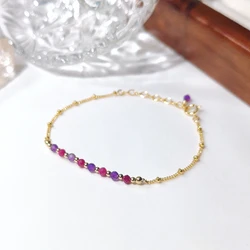 Lii Ji Natural Red Ruby With Amethyst 3mm Beads 14K Gold Filled Chain Bracelet Handmade Fashion Jewelry
