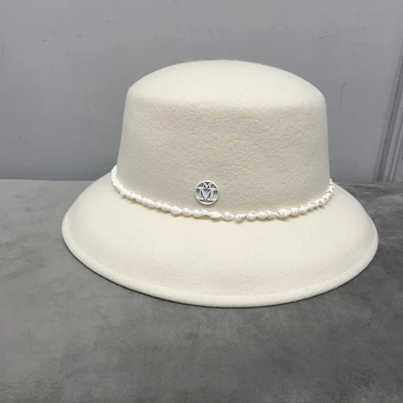 white wool bucket hat with Shell Chain ins chic cap women fishermen hat