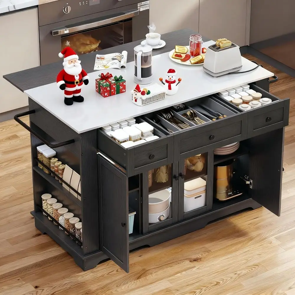 

Кухонный остров 60 см с откидной столешницей, столешницей из нержавеющей стали, мобильным хранилищем, выдвижным столом, розеткой, регулируемыми полками, полкой для специй