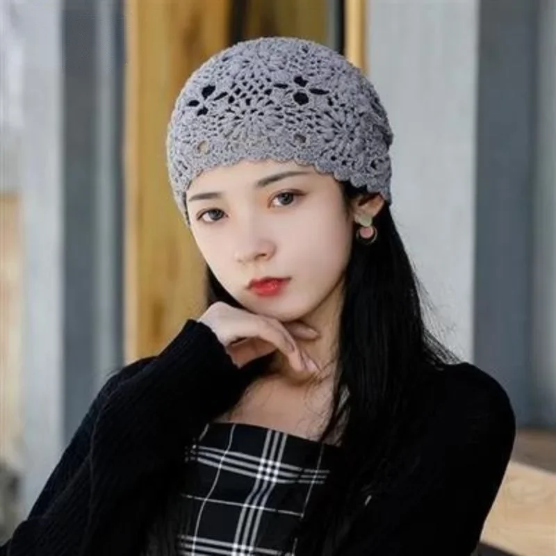 Handmade Hook Spring and Summer New Flower Pot Hats Fashion Knitted Hollow Breathable Ladies Cap Women Beanies Gorro Mujer