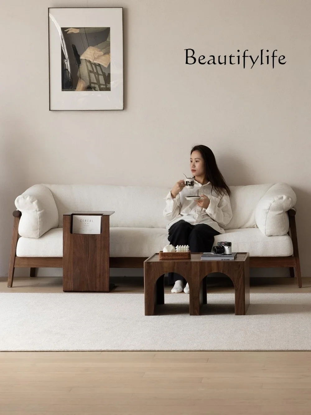 

X North American Black Walnut All-solid Wood Sofa Nordic Simple Living Room Home Fabric Sofa Three-person Log Furniture