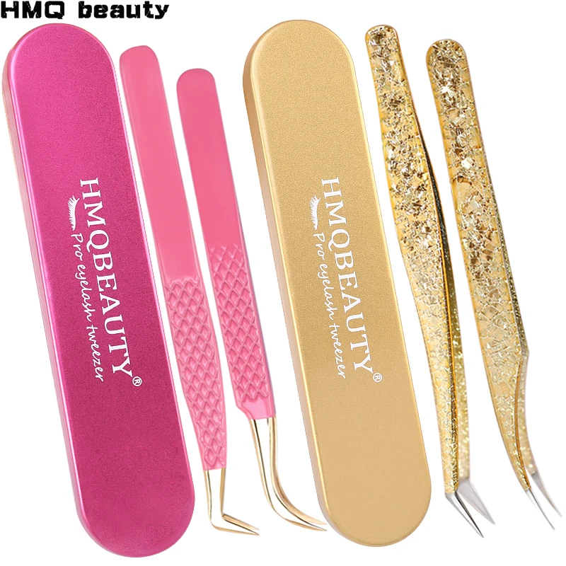 2PCS Eyelash Tweezers Set Professional Stainless Steel Eyelash Extension Tool Gold Anti-static Tweezer Storage Box