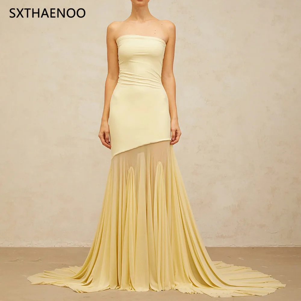 

SXTHAENOO Elegant Dress Strapless Slim Gauze Pleated Patchwork Hip Warp Women's Evening Party Dresses 2025 Fashion Vestidos