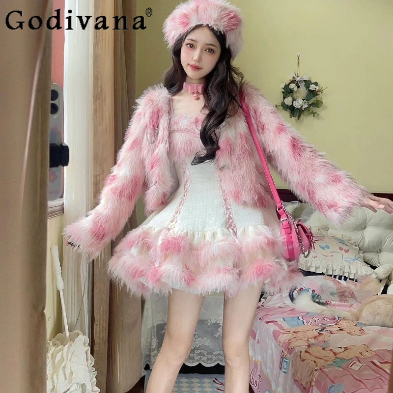 

Japanese Style Lolita Outfits Women Sweet Cute Plush Woolen Coat with Bowknot Strap Dress Suits Female Pink Sweet Set